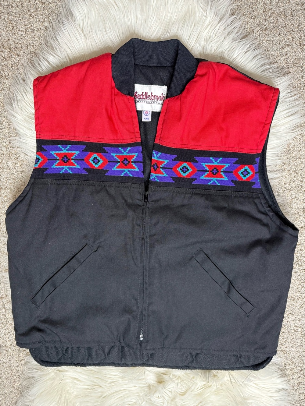 Vintage Saddlebrook Red & Black Patterned Zip-Front Vest uSA XL